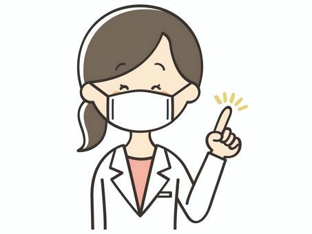 マスクで指差しする白衣の女性 女性,医師,医者,白衣,女医,看護師,マスク,ポイント,指差し,説明のイラスト素材