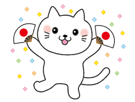 祝い猫　日の丸　扇子　笑顔 猫,祝い,扇子,扇,日の丸,年賀状,正月,紙吹雪,喜ぶ,嬉しいのイラスト素材