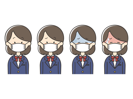 マスクをした女子学生のセット 女の子,高校生,中学生,マスク,風邪,インフルエンザ,感染,花粉症,感染症,ウイルスのイラスト素材