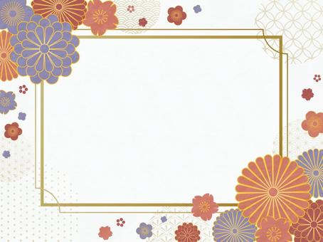 和の花柄のゴールドフレーム  オレンジ,紫,赤,花柄,新年,謹賀新年,菊,梅,桜,鹿の子のイラスト素材