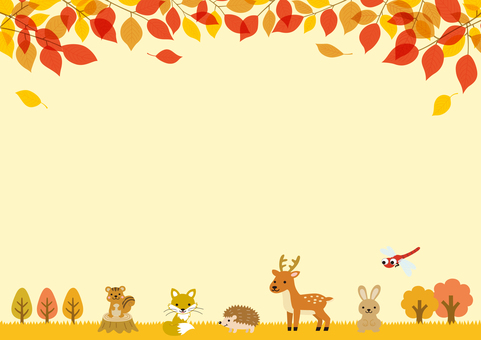 紅葉とかわいい動物と背景04 秋,動物,紅葉,背景,夕暮れ,夕方,夕焼け,日暮れ,フレーム,枠のイラスト素材