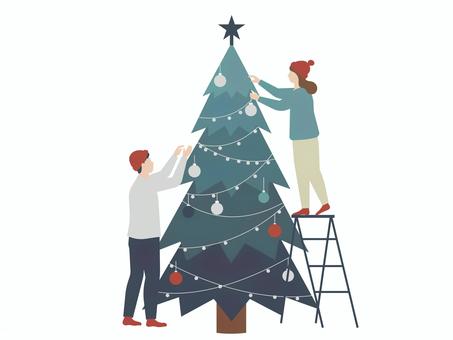 クリスマスツリーの飾り付けをする男女 クリスマス,クリスマスツリー,ツリー,飾り付け,デコレーション,男女,カップル,夫婦,家族,二人のイラスト素材