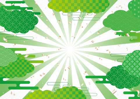 緑色の和柄の雲と集中線の背景素材 和風,和柄,集中線,紙吹雪,雲,背景のイラスト素材