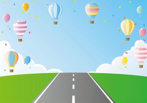 ポップな気球と道路の風景素材 ポップな気球と道路の風景素材 道路,青空,雲,風船,気球,紙吹雪,ポップ,風景,背景のイラスト素材