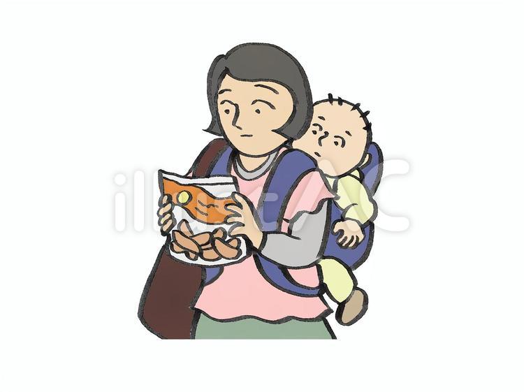 乳児をおんぶしながら食品表示を見る女性 食品表示,ソーセージ,乳児のイラスト素材