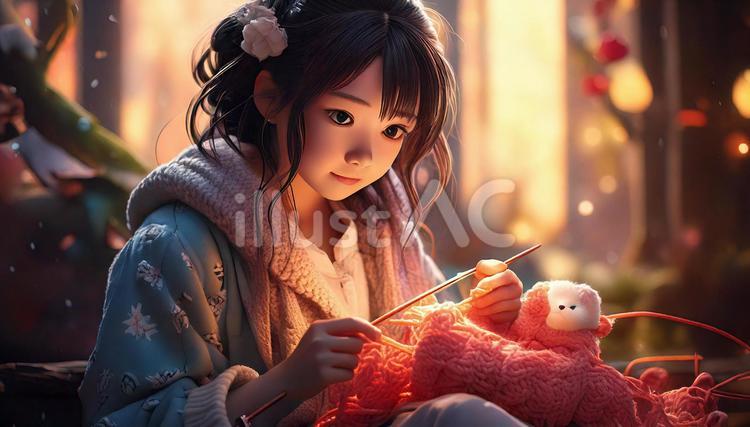 編み物をする可愛い日本の女の子。 編み物,冬,室内のイラスト素材