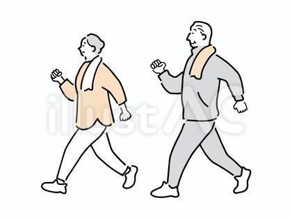 笑顔でウォーキングする高齢者の夫婦