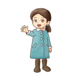手を振る女の子（冬のイラスト） 女の子,子ども,冬,冬服,コート,ブーツ,手を振る,あいさつ,立ちポーズ,ほのぼののイラスト素材