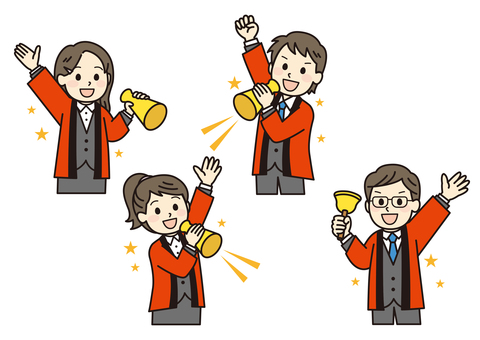 ハッピを着たイベント会場の男女の店員 ハッピ,メガホン,鐘,抽選会,男女,スーツ,男性,女性,店員,人物のイラスト素材