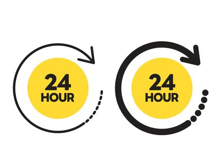 回転矢印と24時間のアイコン　黄色 回転,矢印,24時間,24h,一日,一日中,フル,稼働,終日,営業のイラスト素材