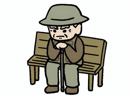 ベンチに座って正面を睨むおじいさん ベンチに座って正面を睨むおじいさん ベンチ,おじいさん,睨む,高齢者,ゆるい,かわいい,シンプル,手描き,釣りベスト,杖のイラスト素材