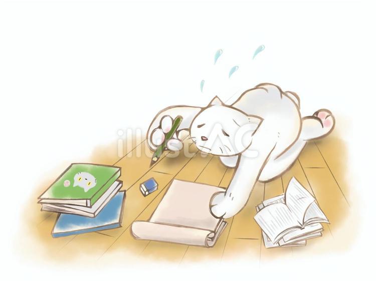 宿題が終わらず焦る猫 猫,宿題,勉強のイラスト素材