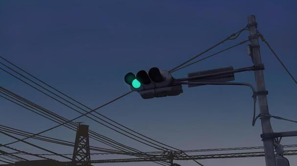 青の信号機　夜背景イラスト 信号機,信号,背景,壁紙,手描き,手書き,イラスト,フリー,無料,フリー素材のイラスト素材