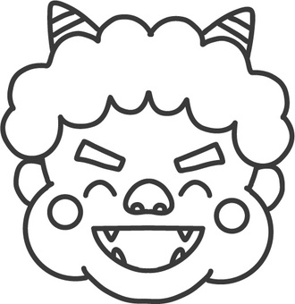 口をあけてにっこり笑う鬼の線画イラスト 鬼,節分,笑う,線画,白黒,角,顔,髪の毛,ほっぺ,まゆげのイラスト素材