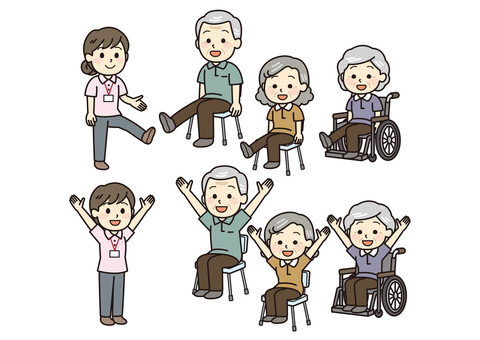 体操するシニアと介護士 体操,シニア,介護士,車椅子,バンザイ,運動,トレーニング,男女,介護ヘルパー,デイケアのイラスト素材