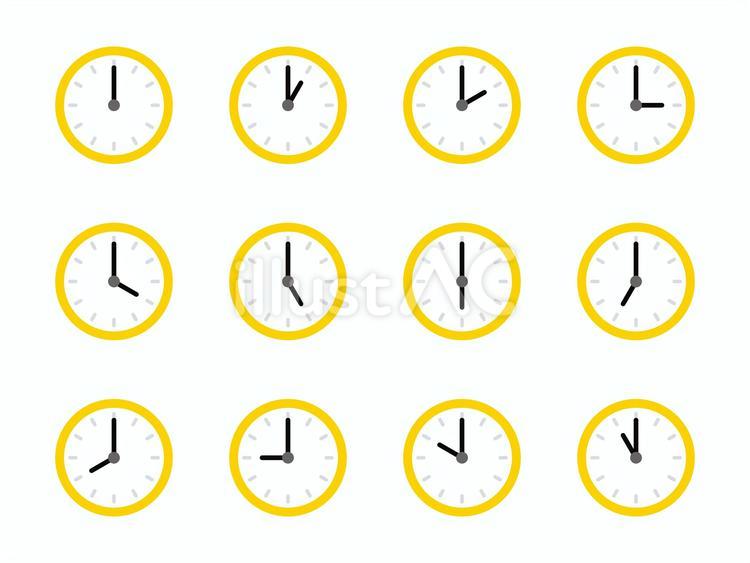 1時から12時を示す掛け時計　黄色 時計,時刻,時間のイラスト素材