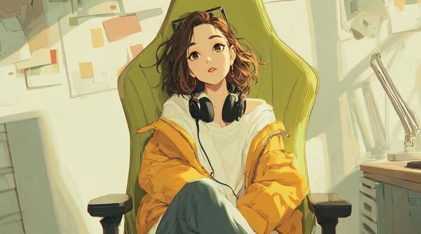 ヘッドホンを首にかけた女の子