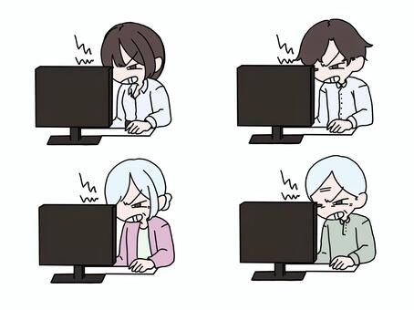 イライラしながらパソコンを操作する人 パソコン,イライラ,男性,女性,ストレス,攻撃的,鬱憤,怒る,イラつく,ビジネスのイラスト素材