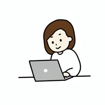 パソコンで作業する女性教師 人物,教師,ネクタイ,長袖シャツ,パソコン,ノートパソコン,机,座る,操作,画面を見るのイラスト素材