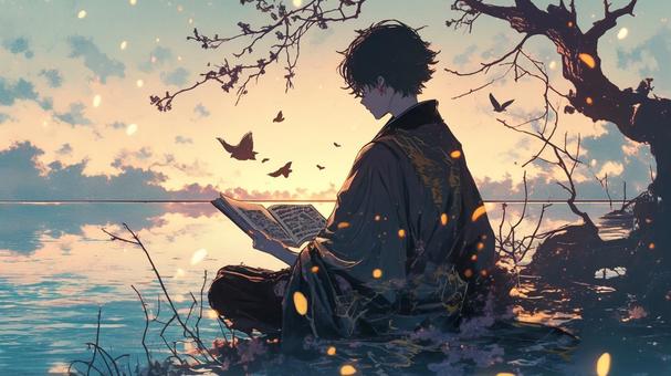 Reading at dusk, JPG Reading at dusk, people, reading, evening, JPG