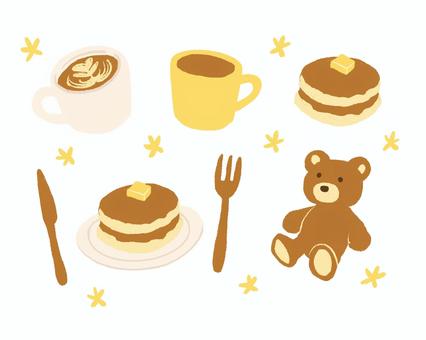 パンケーキ01 パンケーキ,ホットケーキ,くま,テディベア,カフェ,ナイフ,フォーク,食べ物,カフェラテ,ラテアートのイラスト素材