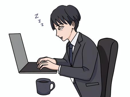 残業中　パソコン作業で居眠りする男性 残業,居眠り,スーツ,パソコン,男性,仕事,うとうと,半開き,眠い,ビジネスのイラスト素材