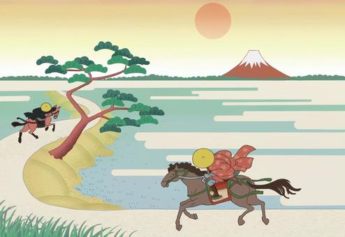 馬に乗って走る　富士山と松　北斎から 馬,富士山,江戸時代,浮世絵,走る,松,北斎,午,年賀状,日の出のイラスト素材