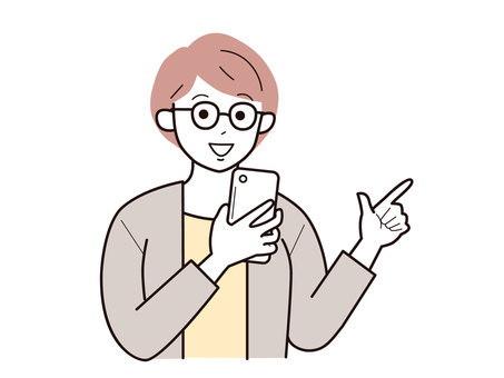 スマホと指差しで話す働く女性A／カラー 女性,上半身,長袖,指差し,スマホ,話す,お母さん,社会人,キャリアウーマン,アドバイザーのイラスト素材
