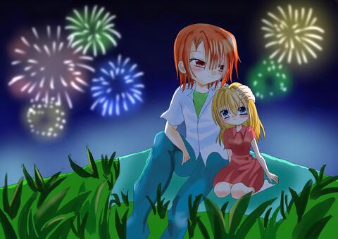 花火のイラスト 花火,花火大会,男の子,女の子,夜空のイラスト素材