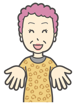  手を差し出してくださいポーズのおばちゃん ください,おばちゃん,大阪,ヒョウ柄,おばはん,中年,女性,関西,派手,おばさんのイラスト素材