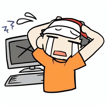 パソコンがエラーで泣く少年 小学生,パソコン,エラー,泣く,焦る,デジタル,涙,不安,ミス,失敗のイラスト素材