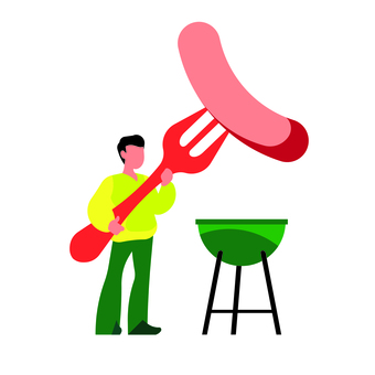 人物 016 男性,バーベキュー,ソーセージ,フォーク,大きい,調理,食べ物,グリル,イラスト,ベクターのイラスト素材