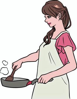 person who cooks, person who cooks, masak, fem, a pan frying,
