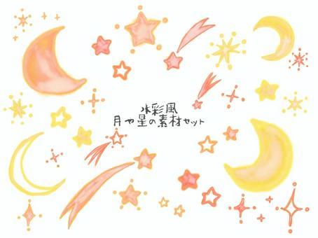 水彩風　月や星の素材セット 月,星,自然,夜,水彩風,水彩,手書き,ほんわり,やさしい,かわいいのイラスト素材