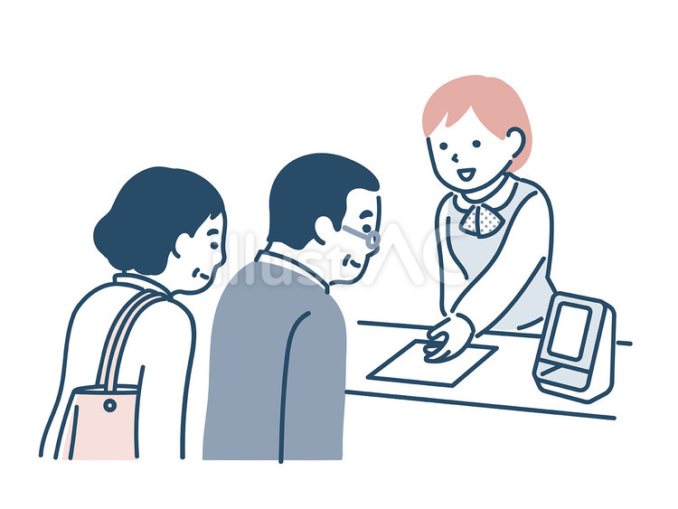 病院の受付で説明を受ける高齢の夫婦 病院,受付,カウンターのイラスト素材