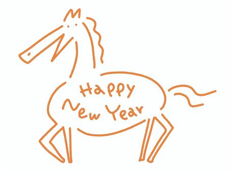 笑顔のおしゃれな馬とハッピーニュイヤー 馬,笑顔,線画,手描き,シンプル,かわいい,挿絵,茶色,ウマ,うまのイラスト素材