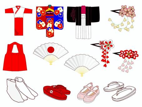 七五三揃え 七五三,11月,お祝い,行事,着物,襦袢,扇子,髪飾り,草履,足袋のイラスト素材