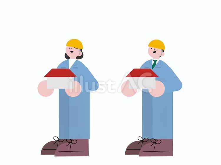 家を持つ作業服の男女セット おしゃれ,かわいい,人物のイラスト素材