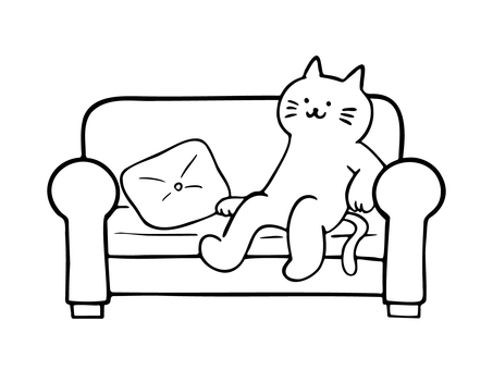 ソファで寛ぐ猫（モノクロ） ソファ,二人がけソファ,クッション,休憩,リラックス,一休み,猫,暮らし,かわいい,ゆるいのイラスト素材