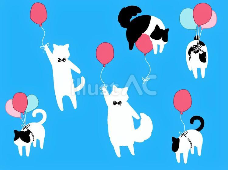 風船ぷかぷかねこ　シルエット 猫,動物,白猫のイラスト素材