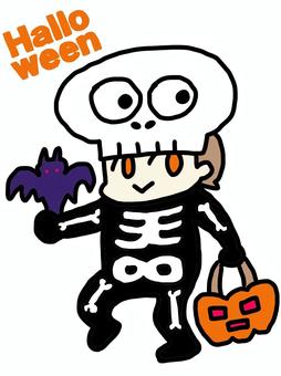 ハロウィンースケルトン仮装 ハロウィン,スケルトン,ガイコツ,夜,かぼちゃ,ランタン,コウモリ,パンプキン,骨,かわいいのイラスト素材