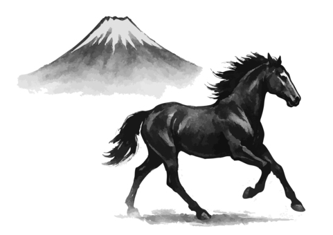 富士山と馬の水墨画シルエット年賀状素材 富士山,山,風景,景色,馬,筆絵,水墨画,年賀状,墨絵,賀年のイラスト素材