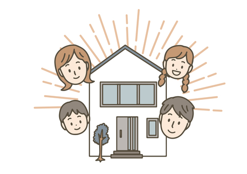 マイホームと４人家族の笑顔 家族,４人,マイホーム,家,住宅,両親,子供,団欒,笑顔,安心のイラスト素材