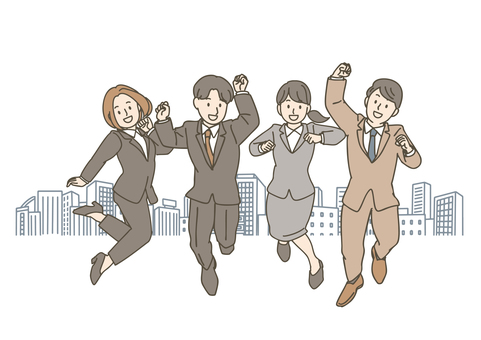 街でジャンプする会社員 ビジネスマン,ビジネスウーマン,会社員,サラリーマン,ol,男女,グループ,チーム,若者,同僚のイラスト素材
