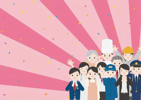 様々な職業の人物と可愛い集中線 主婦,警察官,学生,男子高生,女子高生,制服,コック,会社員,男性,女性のイラスト素材