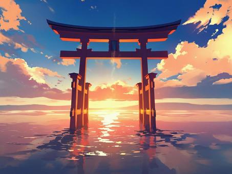 A fantastic scene of the sun setting over the torii gate of Itsukushima Shrine, itsukushima shrine, torii, setting sun, JPG