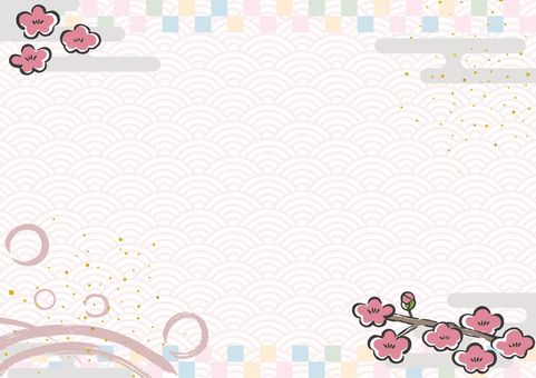 新春チラシ背景-33 背景,和柄,フレーム,市松,雲,霞,霞文様,梅,青海波,筆のイラスト素材