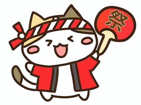 うちわと法被と鉢巻で祭を楽しむ三毛猫 お祭り,うちわ,はっぴ,はちまき,ねこ,夏祭り,秋祭り,縁日,盆踊り,地域のイラスト素材