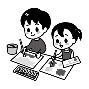 子供　絵画　白黒 子供,習い事,白黒,お絵描き,絵画教室,美術,小学生,男の子,女の子,塾のイラスト素材