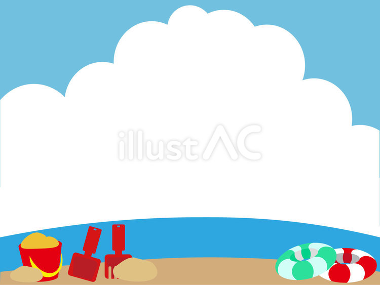 夏の背景イラスト　海と砂浜と浮き輪砂遊び 夏,夏休み,背景のイラスト素材